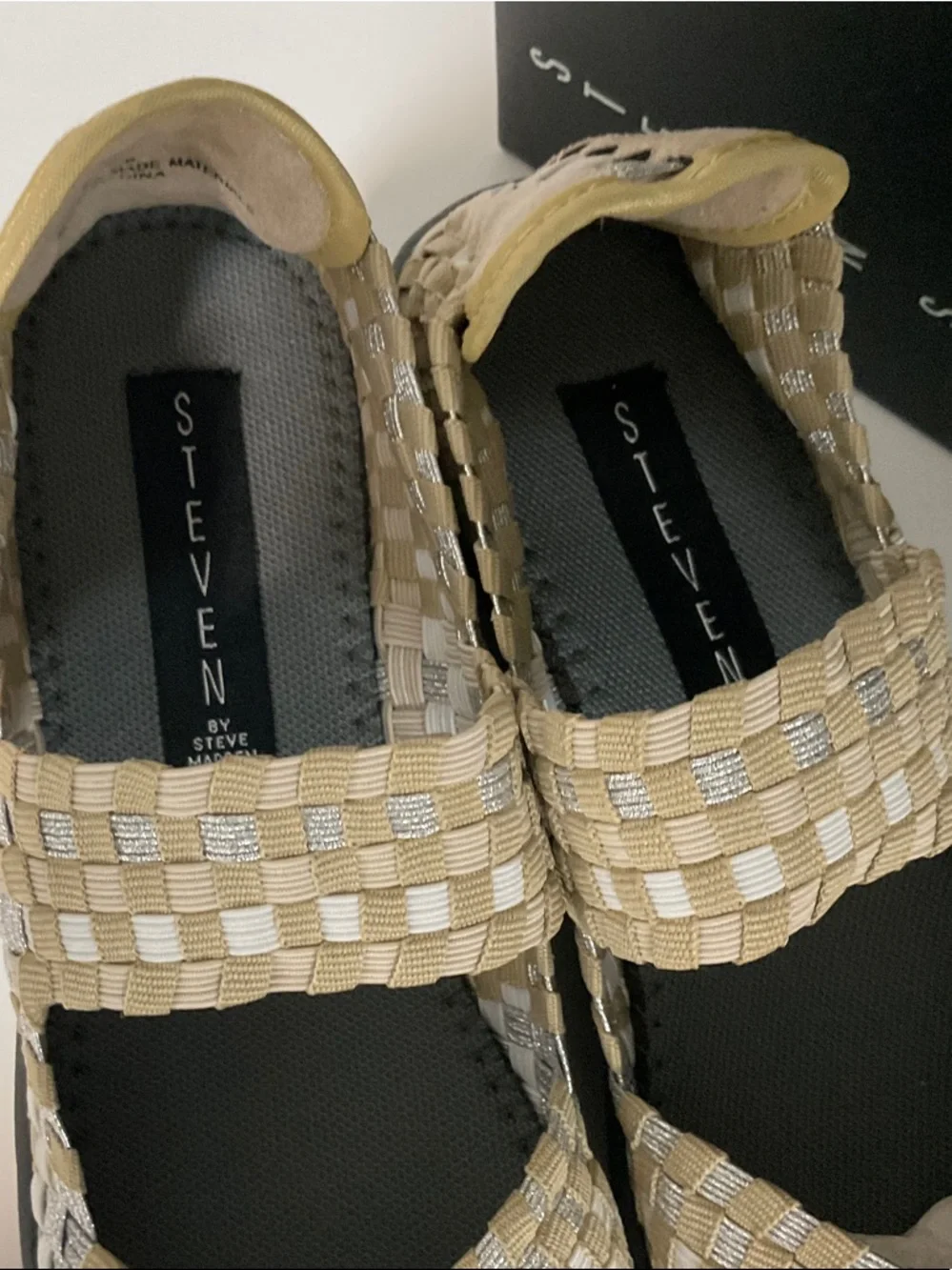 Steven By Steve Madden Beige and Silver Woven Mary Jane Wedges
